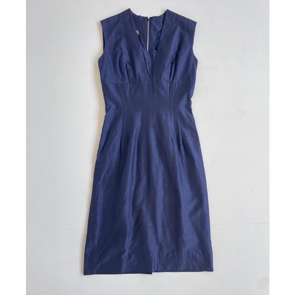 Vtg 60s Navy Blue Sleeveless Structured Sheath Dress / Mod Retro Minimal 10 XS/S