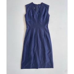 Vtg 60s Navy Blue Sleeveless Structured Sheath Dress / Mod Retro Minimal 10 XS/S