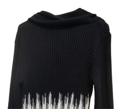 Women’s Black White Gray Abstract Ribbed Knit Cowl Neck Sweater Dress L
