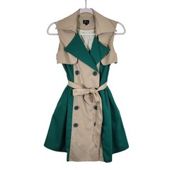 VTG Very J Womens Sleeveless Trench Dress Green Beige Colorblock Double Breasted