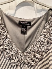 Signature by Robbie Bee Gray White Striped A-Line Dress 16W V-Neck Ruffle Zip