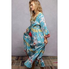 POL – Beach Inspired Pattern Ruffle Sleeve Tassel Maxi Dress – Large
