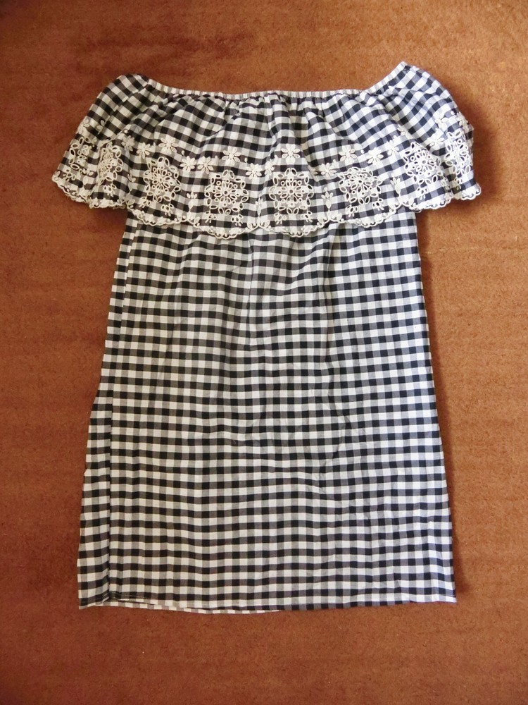 Forever21 Navy& White Gingham Off Shoulder Embriodered Ruffle Summer Dress -S