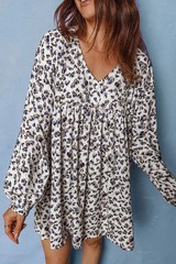 Umgee Medium Leopard Print Babydoll Flowy Mini Dress Boho Cream Long Sleeves
