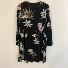 ROXY Floral Print Black Split Neck Shift Dress Boho XS