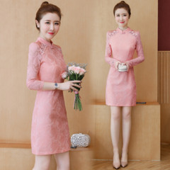 Women Long Sleeve A-line Qipao Lace Mini Dress Floral Embroidery Cheongsam