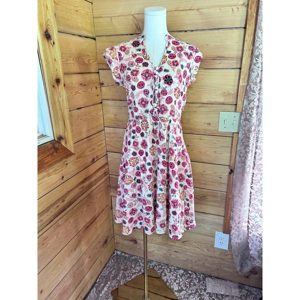 Vintage Floral Cap Sleeve Dress Womens Size 10 Pink Orange Retro Boho Midi TEMT