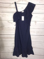 Maison Jules Navy Blue Dotted One-Ruffled Shoulder Dress-Ruffled Hem-Small-NWT