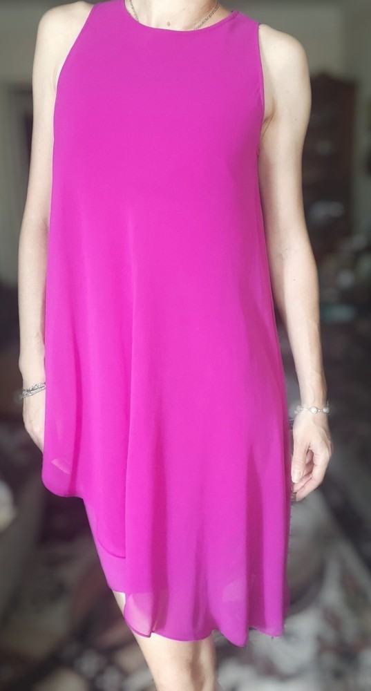 Ted Baker Fuchsia Asymmetrical Shift Dress Size 1 US 4 Viscose Blend Chiffon