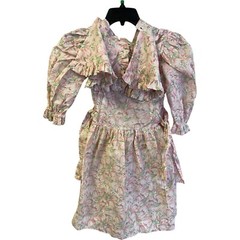 A-Line Dress Womens Size 7 Pink Green Floral Ruffle Pleated Half Puff Sleeve