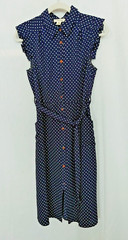 Monteau Button Front Dress Slvless w/ Pleated Ruffle Top Navy Wht Dot M #16527