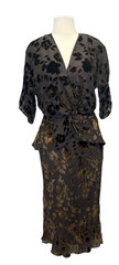 CAROL PERETZ Burnout Velvet Skirt Top Set sz 10 Brown Peplum Twist Quiet Luxury