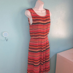 DKNY Colorful Red Striped Pleats Dress Size 4 Summer Sleeveless Rear Zipper