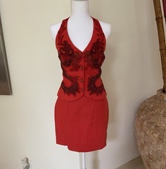 Vintage 1980’s Alfredo Barraza Red V-Neck Halter Sheath Open Back Mini S