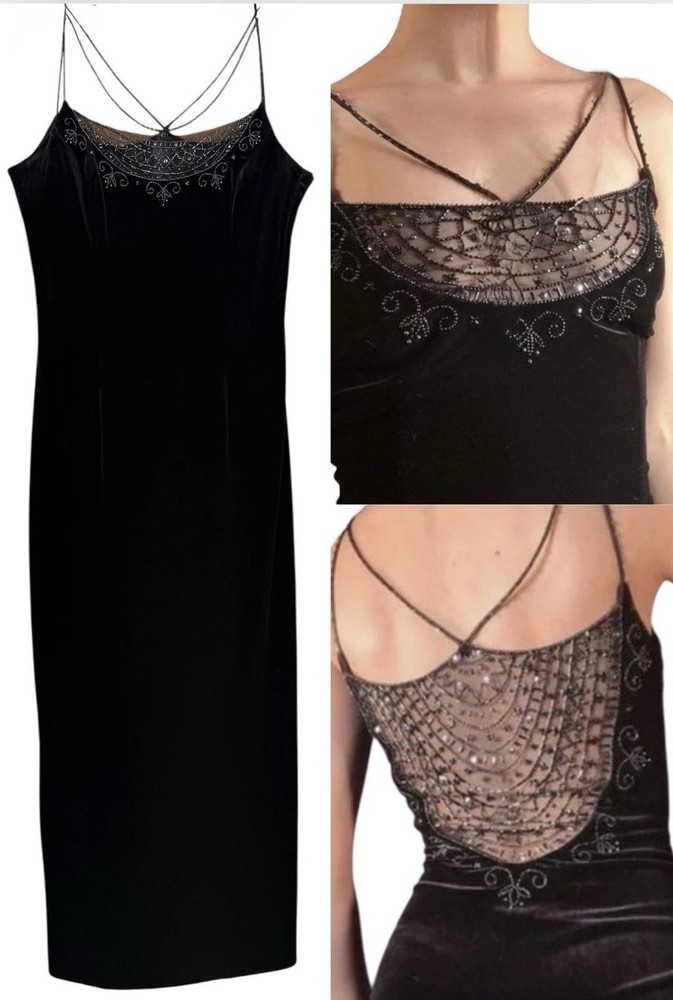 VTG Dave & Johnny Formal Evening Gown 13/14 Black Velvet Glass Beads/Sequin RARE