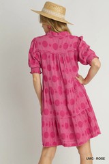 Rose Umgee Swiss Dot Jacquard Collared Tiered Short Dress w/ Smock Puff Sleeves