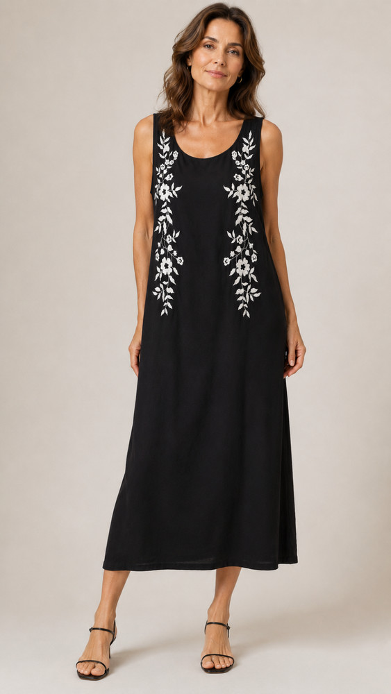 M & S Embroidered Shift Dress UK 20 Black White Floral Lined Sleeveless VGC