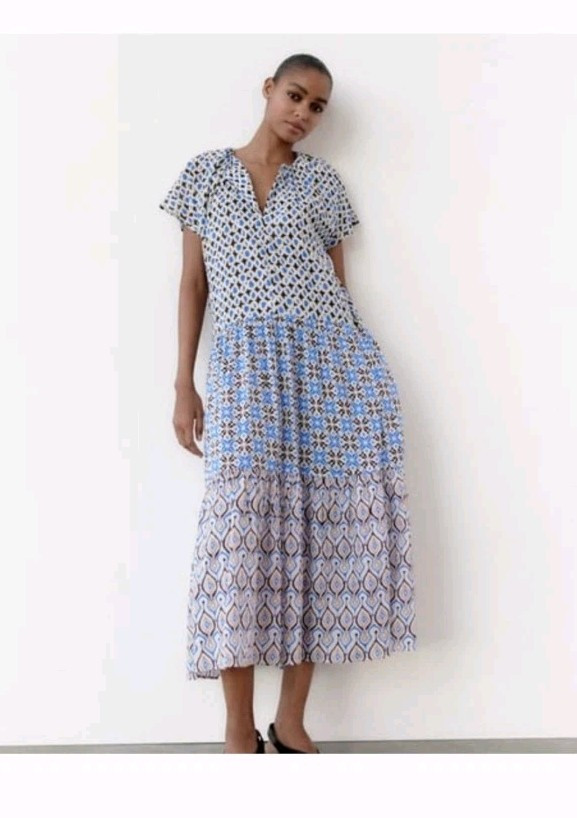ZARA Dress Brown Blue Patchwork Tiered Long Flowy Bohemian SIZE L 5598/048/080
