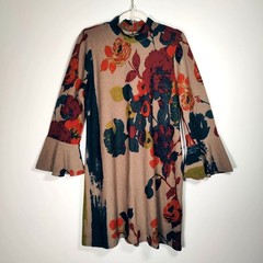 Vintage Lord & Taylor Mock Neck Floral Mod Dress Bell Sleeve L Bold Retro