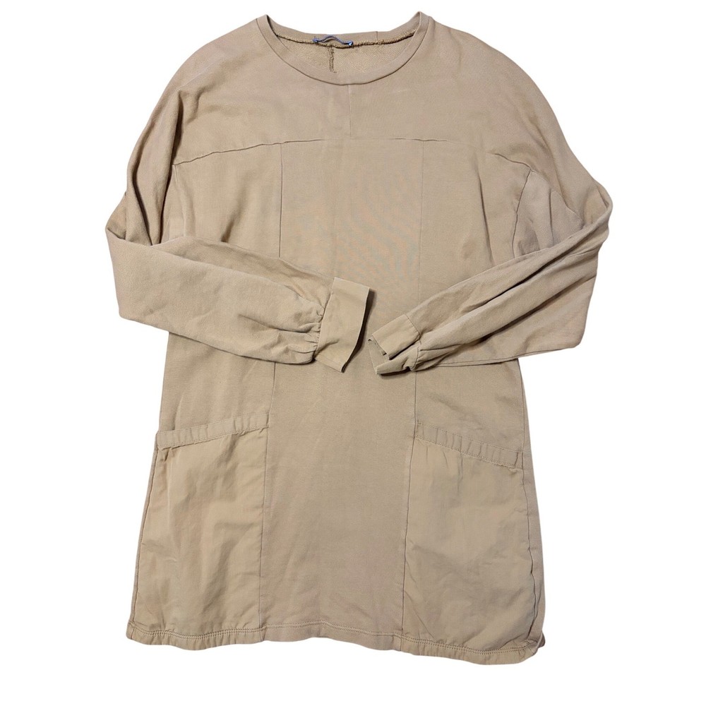 ZARA Tan Long Sleeve Tunic Dress With Pockets Size M comfy Cotton winter basics