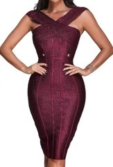 Bella Barnett Metallic Bandage Halter Bodycon Knee Length Dress Burgundy