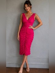 TADASHI Collection Silk Lined Ruched BodyCon Dress Pink Deep V Size 8