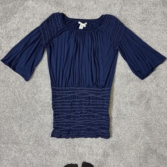Max Studio Dress Womens Small Navy Blue Smocked Mini Bell Sleeve Boho Stretch