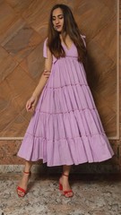 Lavender Pure Cotton Tiered Solid Dress, Summer Maxi Dress, Modest Tie Dress
