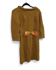 Gold Tweed Collared 3/4 Sleeve Pencil Dress Knee Length Bow Accent Zip Sz S