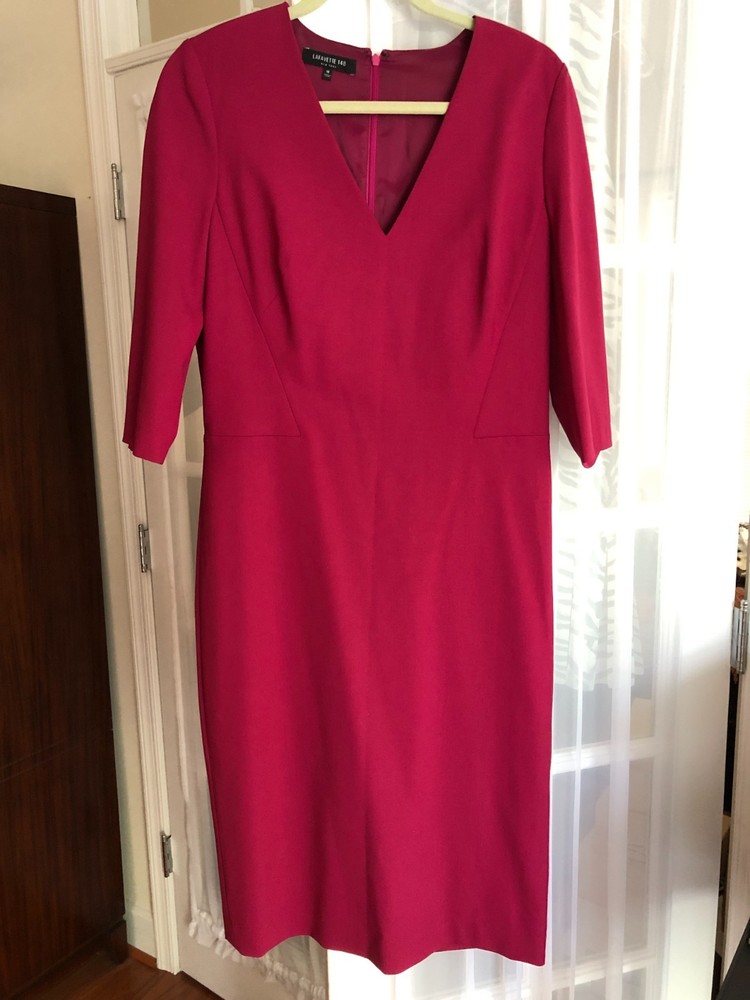 Lafayette 148 New York Red Wool Lycra 3/4 Sleeve V-Nk Shift Career Dress Size 10