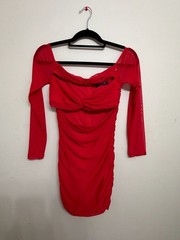 White Fox Boutique Off-Shoulder Long Sleeve Ruched Mesh Mini Dress Red