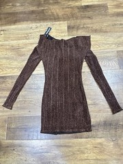 PrettyLittleThing Brown Glitter Rib Knit Off Shoulder Bodycon Mini Dress 6