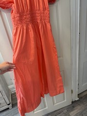 Marine Layer Coral Solid V-Neck Puff Short Sleeve Smocked Pocket Sundress L
