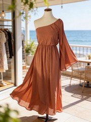 Alythea One Shoulder Dress Women&rsquo;s Size Medium Brown Maxi Wedding Flowy Lined