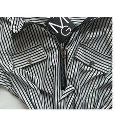 Mlle Gabrielle Black White Striped Half Zip Tie Waist Shirt Dress Sz Large NWT