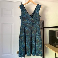 Patagonia blue green tribal bird botanical leaf surplice athletic mini dress