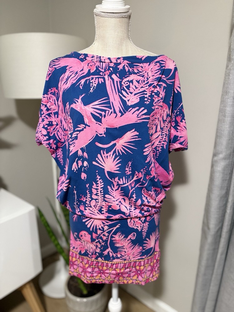 Lilly Pulitzer Lowe Indigo Night Caw Engineered Dolman Sleeve Jersey Dress XS