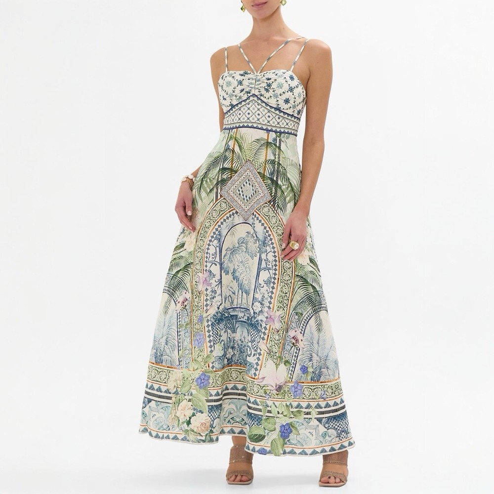 Camilla Jardim Party Strap Detail Maxi Dress Size Large Silk Linen Embellished