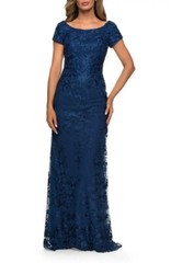 La Femme Navy Blue Shimmer Floral Embroidered A-Line Gown Size 8 $575