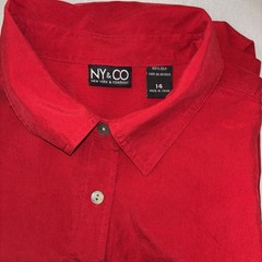 NY & Co 100% Silk Red Button Front Shirt Dress Size 14 Short Sleeve