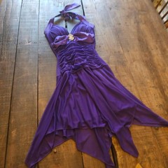 Deb Y2K Purple Halter Dress w/ Ruched Detailing Early 2000s Hankerchief Hem Gown