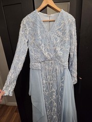 Custommade Blue Sequin Beaded Gown Long Sleeve V-Neck Mesh Lined Zip Size 12