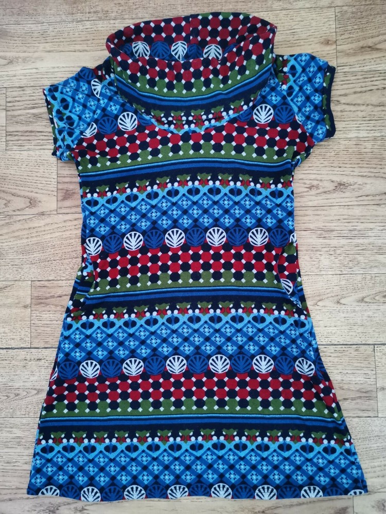 💙Ladies Blue Khaki Red PATTERN MICROFLEECE DRESS with COWL NECK UK Size 10-12💙