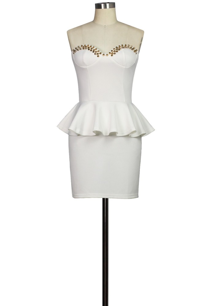 OOAK COUTURE GOLD STUDS BUSTIER WEDDING PARTY VEGAS HONEYMOON PEPLUM PINUP DRESS