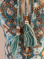 Bella Tu Blue Orange Ikat Beaded Tassel Sheath Dress Beachy Boho Art to Wear XS