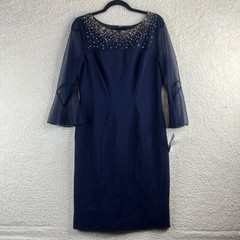 NWT Alex Evenings Womens Navy Beaded Illusion Mesh Sheath Crepe Dress Size 10