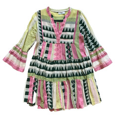 Devotion Twins Ella Mini Tunic Dress Womens XS Green Pink Long Sleeve Tiered