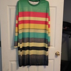 Green Red Yellow Black Striped Shift Dress Long Sleeve Long XL Women&rsquo;s
