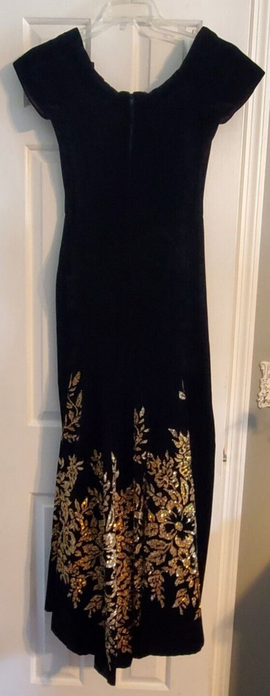VTG Size 8 Jessica McClintock Formal Prom Dress Black Velvet Bow & Gold Glitter