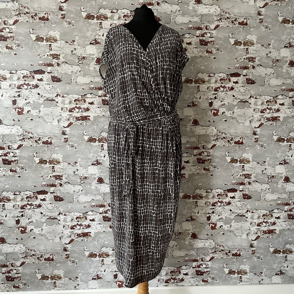 Fenn Wright Manson White & Brown Print Belted Dress Size 16 See Pictures